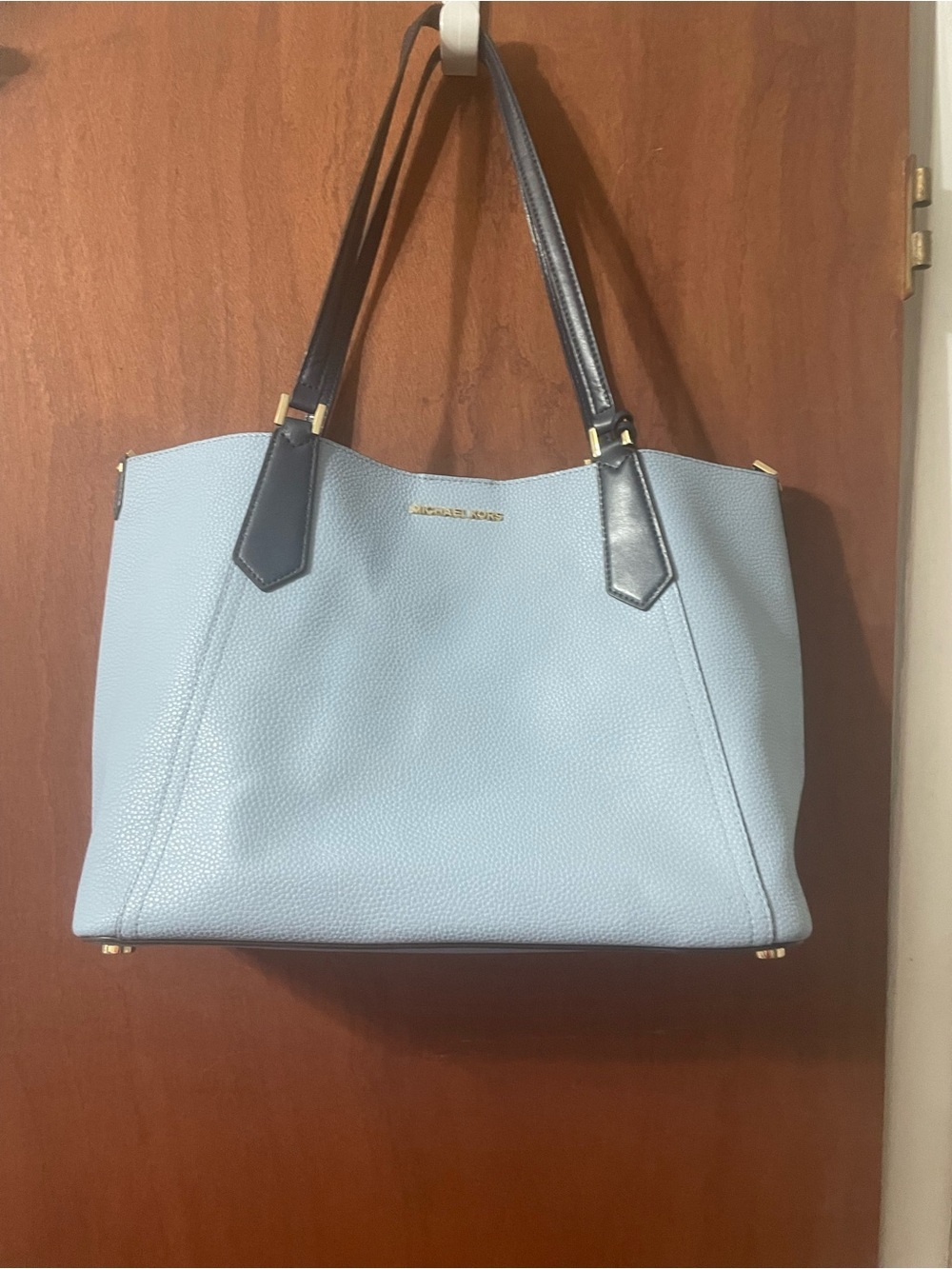 Michael Kors Light Blue Leather Tote Bag with Black Handles. Like New